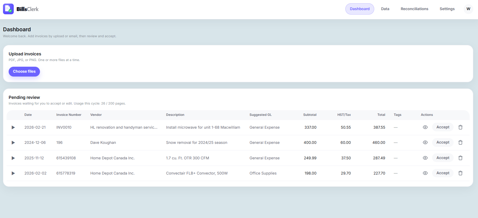BillsClerk dashboard showing invoice upload and pending review