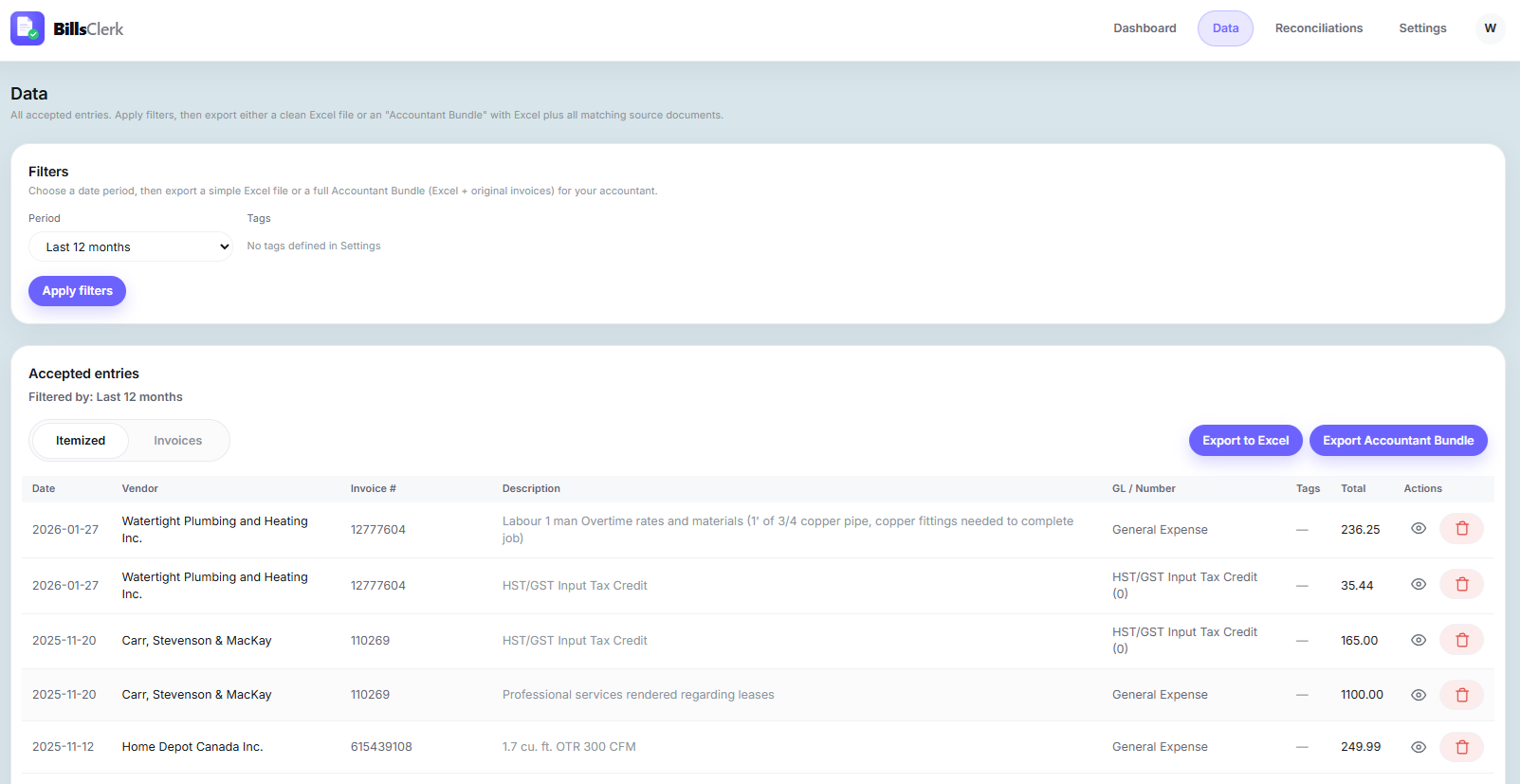 Data page showing export options and accepted entries