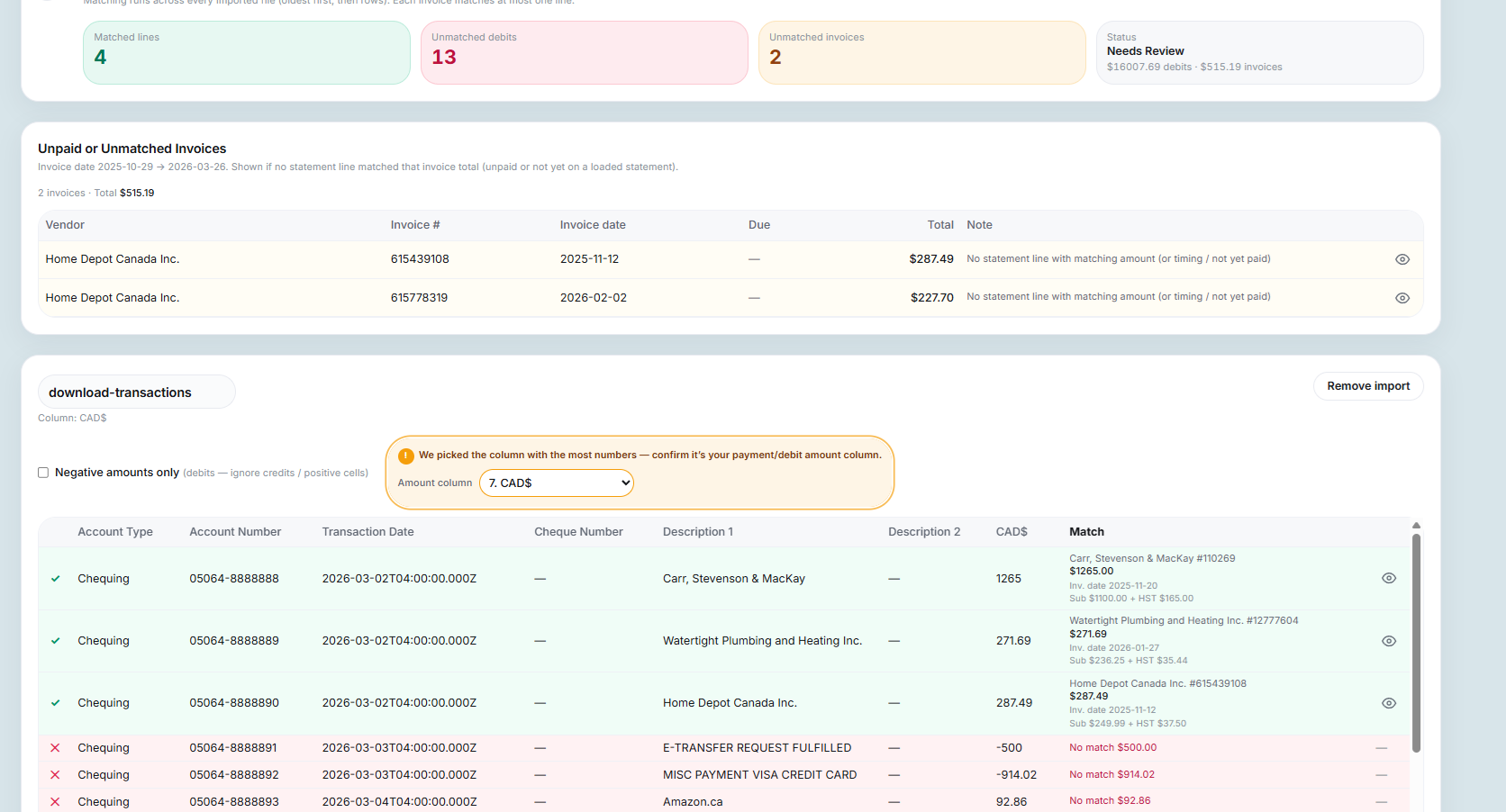 Reconciliations page showing matched and unmatched bank transactions